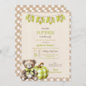 秋のプレイドテディベアパンプキン葉 招待状 (正面/裏面)