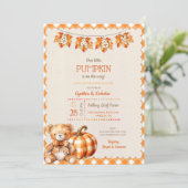 秋のプレイドテディベアパンプキン葉 招待状 (スタンド正面)