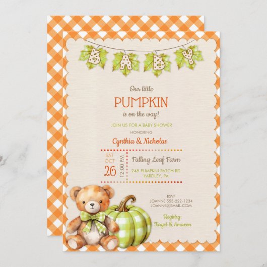 秋のプレイドテディベアパンプキン葉 招待状 (正面/裏面)