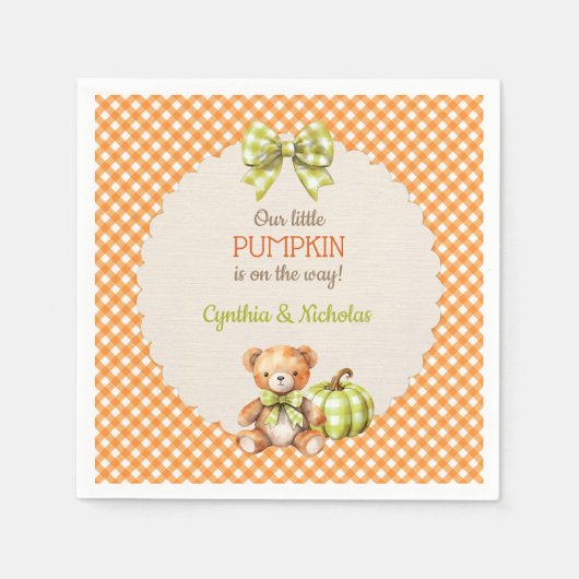 秋のプレイドテディベアパンプキン スタンダードカクテルナプキン (正面)