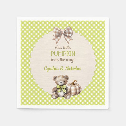 秋のプレイドテディベアパンプキン スタンダードカクテルナプキン (正面)