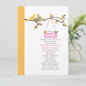 秋のベイビーシャワー ママとパパの鳥とピンクの卵 招待状 (スタンド正面)