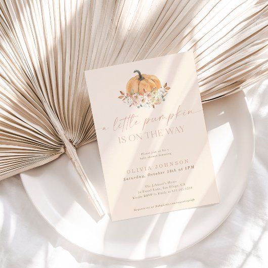 秋のベイビーシャワー 女の子 ピンクの小さなかぼちゃ 招待状