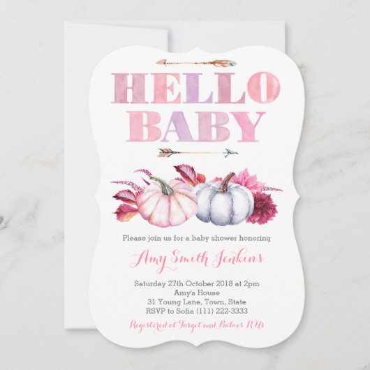 秋のベビーガールのためのカボチャ赤ちゃんシャワーパーティー 招待状 (正面)