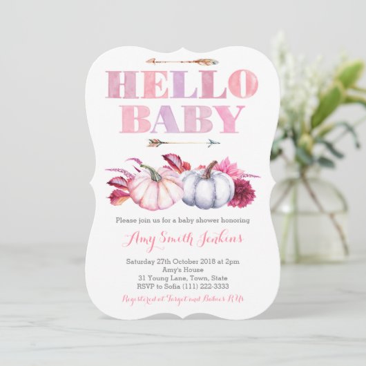 秋のベビーガールのためのカボチャ赤ちゃんシャワーパーティー 招待状 (スタンド正面)