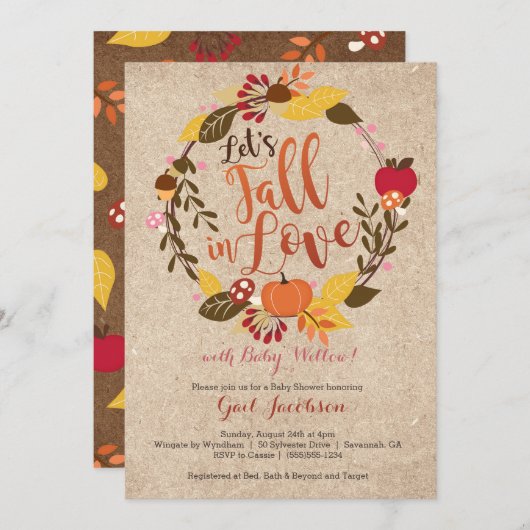 秋のベビーシャワーの招待状-ピンクは"恋に落ちます" 招待状 (正面/裏面)