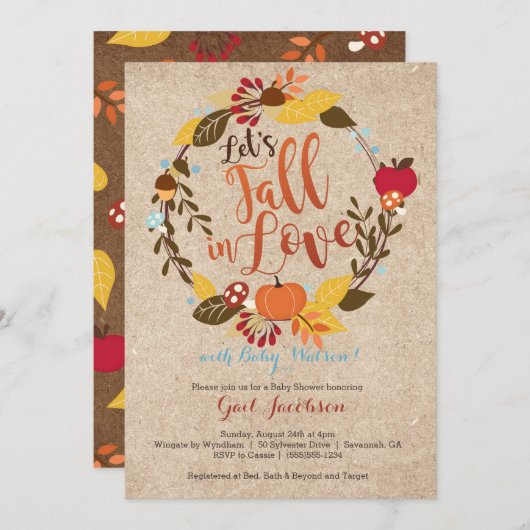 秋のベビーシャワーの招待状-青は"恋に落ちます" 招待状 (正面/裏面)
