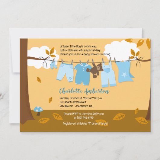 秋のベビー物干しブルーボーイ5x7ベビーシャワー 招待状 (正面)