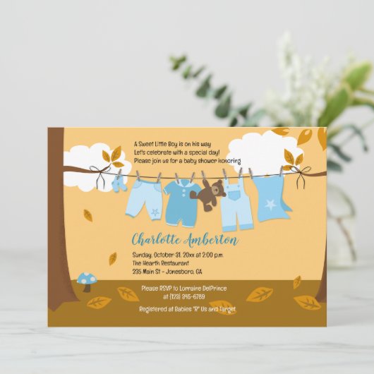 秋のベビー物干しブルーボーイ5x7ベビーシャワー 招待状 (スタンド正面)