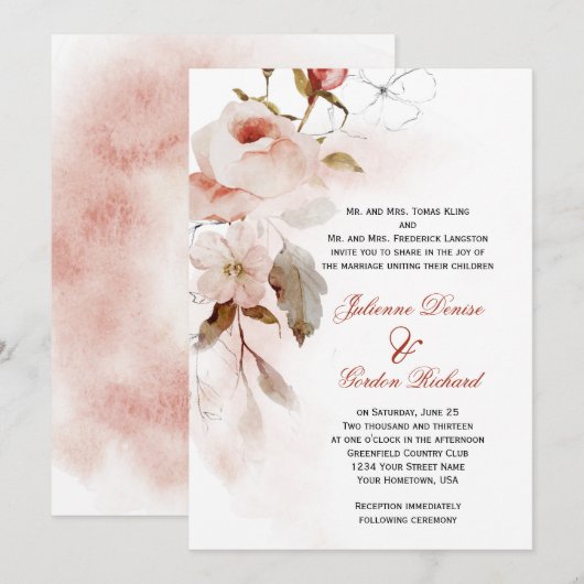 秋のボヘミアンレッドマーズラ ブルガディ フラッシュ フラワーズ ウェディング 招待状 (正面/裏面)