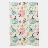 秋のボホシックウォーターカラーパンプキンと葉 キッチンタオル (縦)