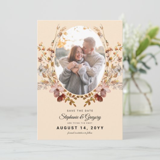 秋のボホワイルドフラワー写真結婚式の日付を保存 セーブザデート (スタンド正面)