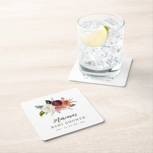 秋のボホ開花パーソナライズされたベビーシャワー スクエアペーパーコースター (インサイチュ)