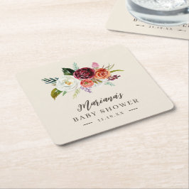 秋のボホ開花パーソナライズされたベビーシャワー スクエアペーパーコースター