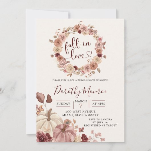 秋のボーホー ブラッシュとマルサラ フラワーパンプキンシャワー 招待状 (正面)