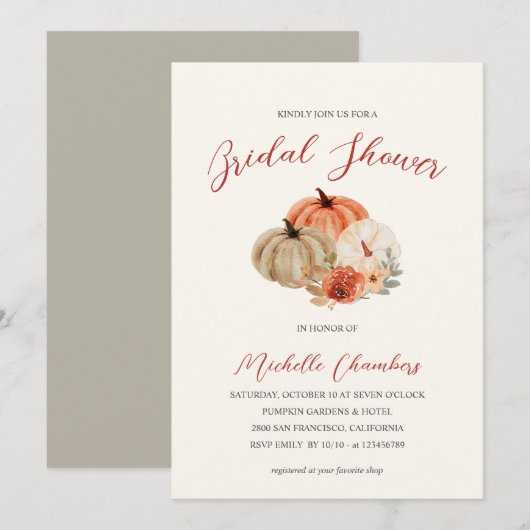秋のポンプキンと花のエレガントなブライダルシャワー 招待状 (正面/裏面)