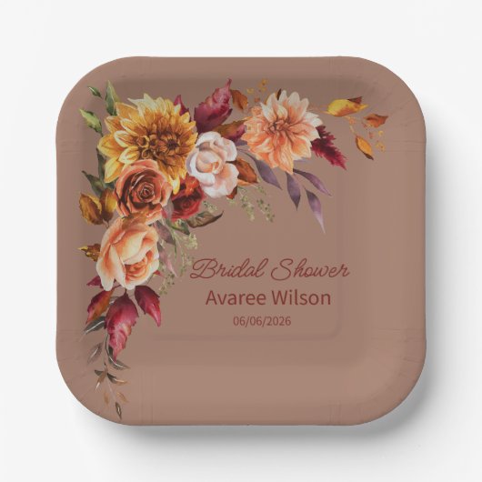 秋のマウスシャワー付きモカ花模様 ペーパープレート (正面)