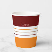 秋のマルーンオレンジストライプ色の名前 紙コップ (正面)
