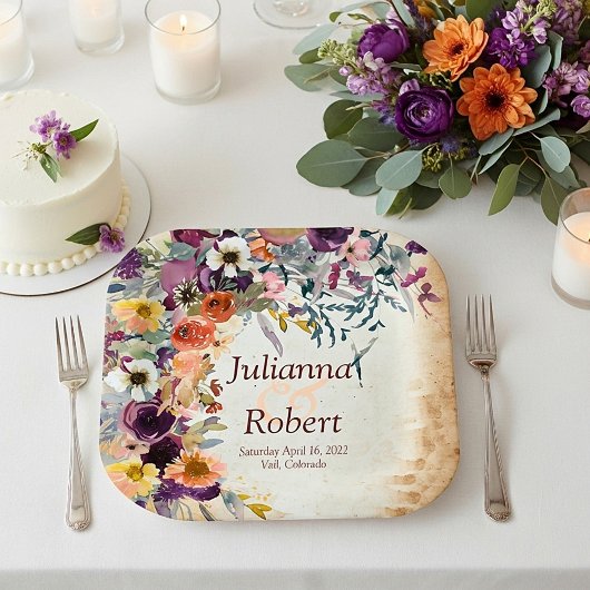 秋のミックス水彩フラワーの結婚式 ペーパープレート