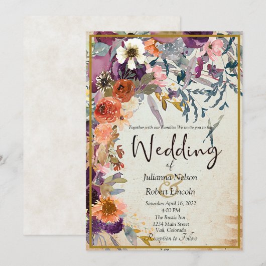 秋のミックス水彩花モチーフのウェディング招待状 招待状 (正面/裏面)