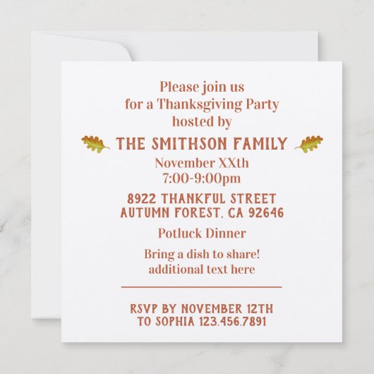秋のミニマル感謝祭ファミリーメートアップパーティー 招待状 (裏面)
