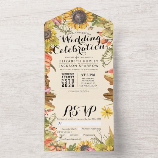 秋のメープル葉スカボチャひまわりウェディングRSVP オールインワン招待状 (内側)