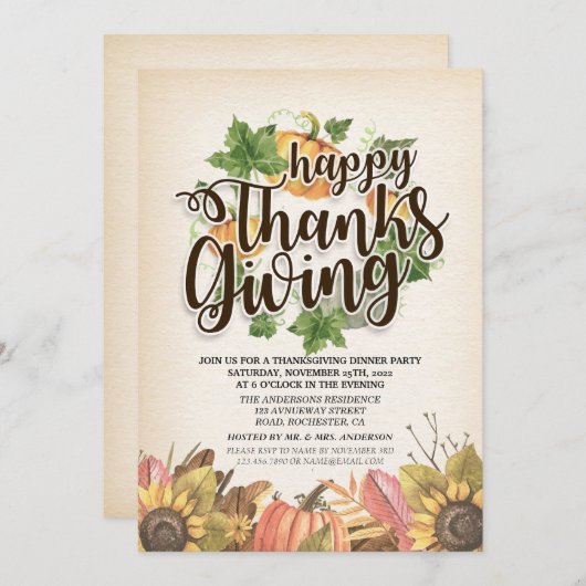 秋のメープル葉ズシック感謝祭ディナーパーティー 招待状 (正面/裏面)