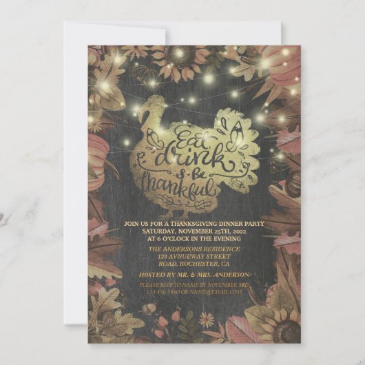 秋のメープル金ゴールド七面鳥サンクスギビングディナーパーティー 招待状 (正面)
