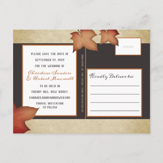 秋のメープル離れズウッドシウェディングの日付を保存 案内ポストカード (裏面)