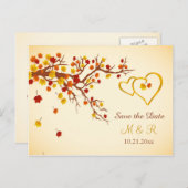 秋のメープル離れハート、日付を保存 案内ポストカード (正面/裏面)