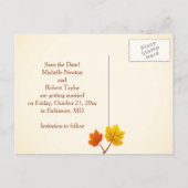 秋のメープル離れハート、日付を保存 案内ポストカード (裏面)