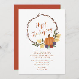秋のモダンかぼちゃのリース感謝祭パーティー 招待状