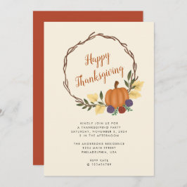 秋のモダンかぼちゃのリース感謝祭パーティー 招待状