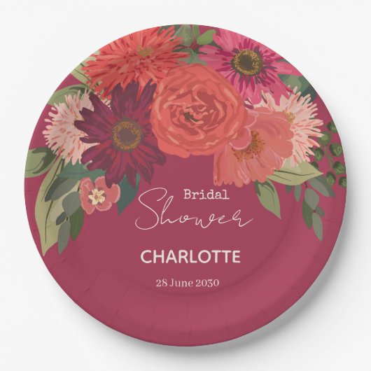 秋のモダンフローラブーケブライダルシャワー ペーパープレート (正面)