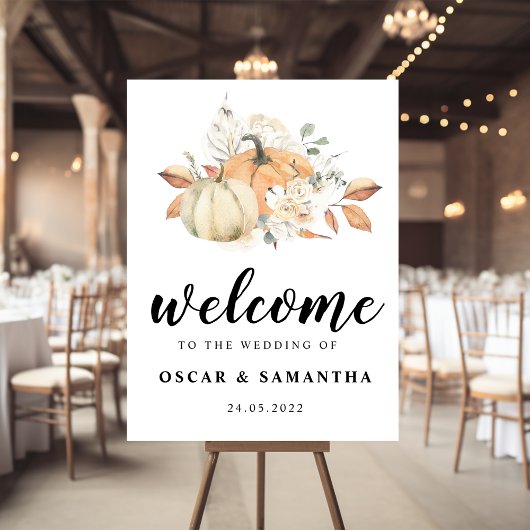 秋のモダン水彩かぼちゃと花 ポスター