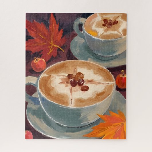 秋のラテデート | 秋のコーヒーの葉 水彩画 ジグソーパズル (縦)