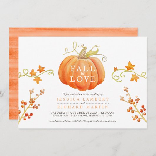 秋のラブウォーターカラーカボチャ秋結婚の 招待状 (正面/裏面)
