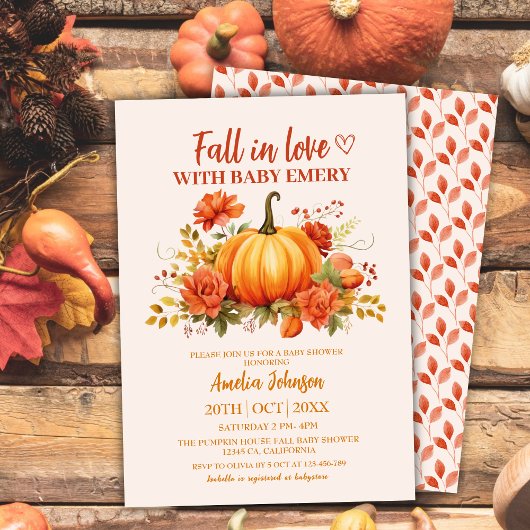 秋のラブウォーター色フローラカボチャ赤ちゃんシャワー 招待状