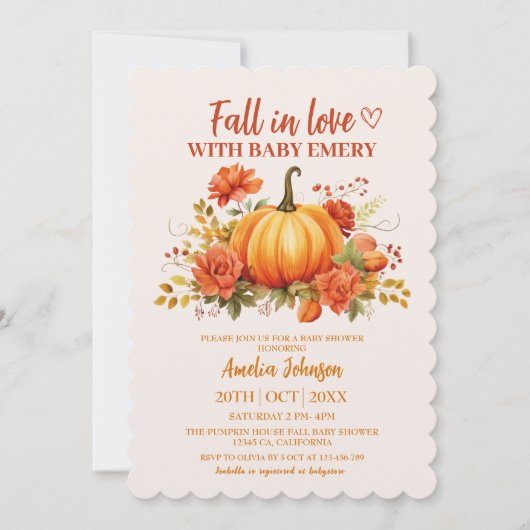 秋のラブウォーター色フローラカボチャ赤ちゃんシャワー 招待状 (正面)