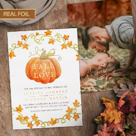 秋のラブカボチャと離れの水色結婚の 箔招待状