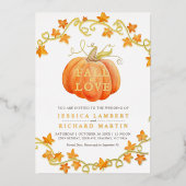 秋のラブカボチャと離れの水色結婚の 箔招待状 (正面)