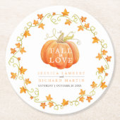 秋のラブカボチャの水の色のアート結婚のオレンジ ラウンドペーパーコースター (正面)