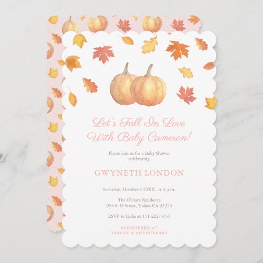 秋のラブカボチャ葉の女の子のための赤ちゃんシャワー 招待状 (正面/裏面)