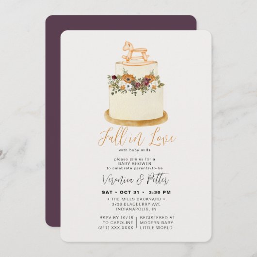 秋のラブパープル秋のケーキ赤ちゃんシャワー 招待状 (正面/裏面)