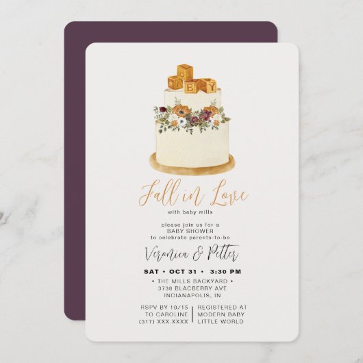 秋のラブパープル秋のケーキ赤ちゃんシャワー 招待状 (正面/裏面)