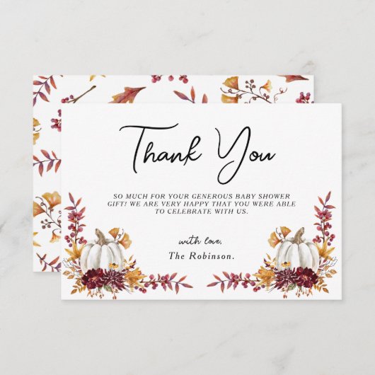 秋のラブホワイトパンプキンタンクあなた赤ちゃんシャワー サンキューカード (正面/裏面)