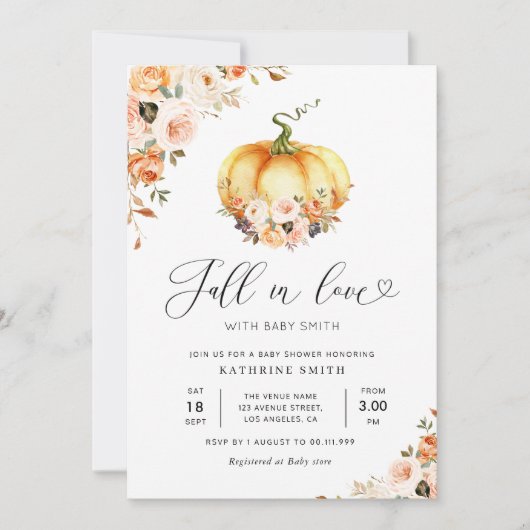秋のラブ金ゴールド赤面フローラ赤ちゃんシャワー 招待状 (正面)