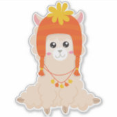 秋のラマ、可愛いラマ、帽子とラマ、アルパカ シール (正面)