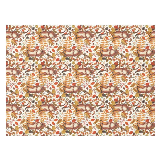 秋のリスと秋の花が白く咲く テーブルクロス (正面(横))