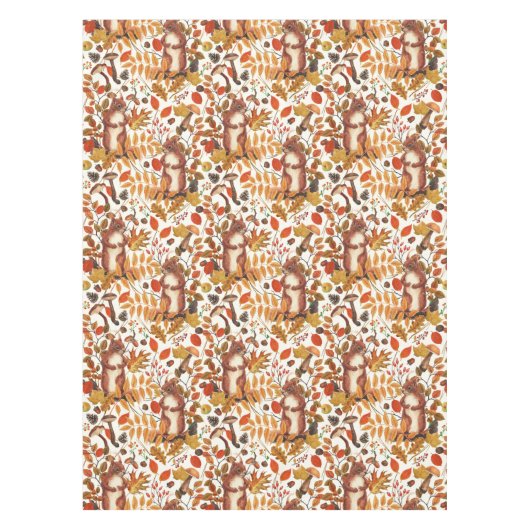 秋のリスと秋の花が白く咲く テーブルクロス (正面)